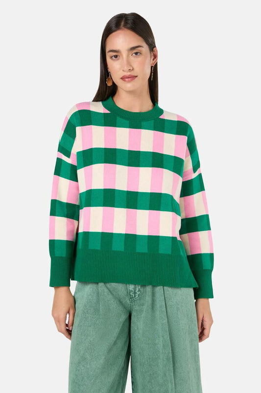 Image of a model wearing Outerwear. Productname: Graphic Check Jumper in Check colour by brand - Gorman