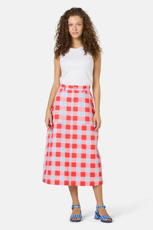 Image of a model wearing Skirts. Productname: Gimme Gingham Denim Skirt in Check colour by brand - Gorman