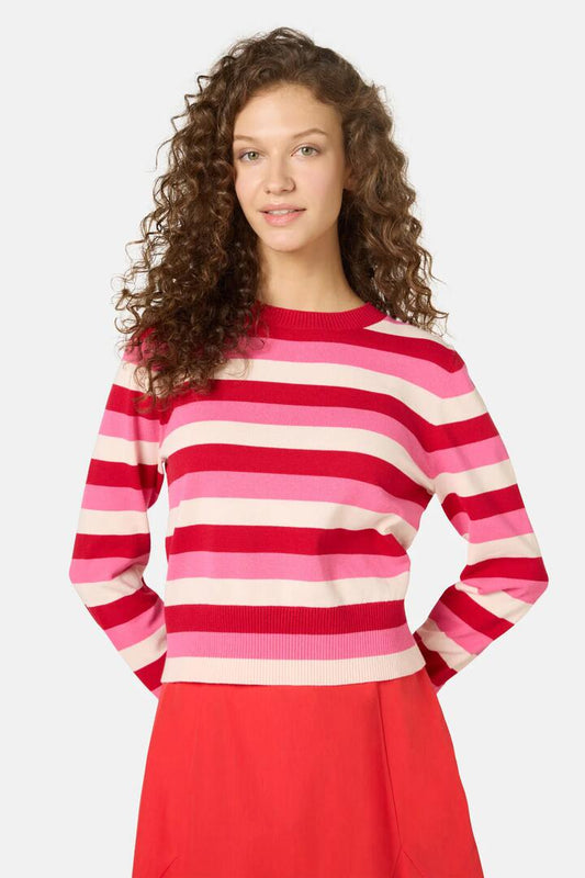Image of a model wearing Outerwear. Productname: Montage Stripe Cotton Jumper in Stripe colour by brand - Gorman