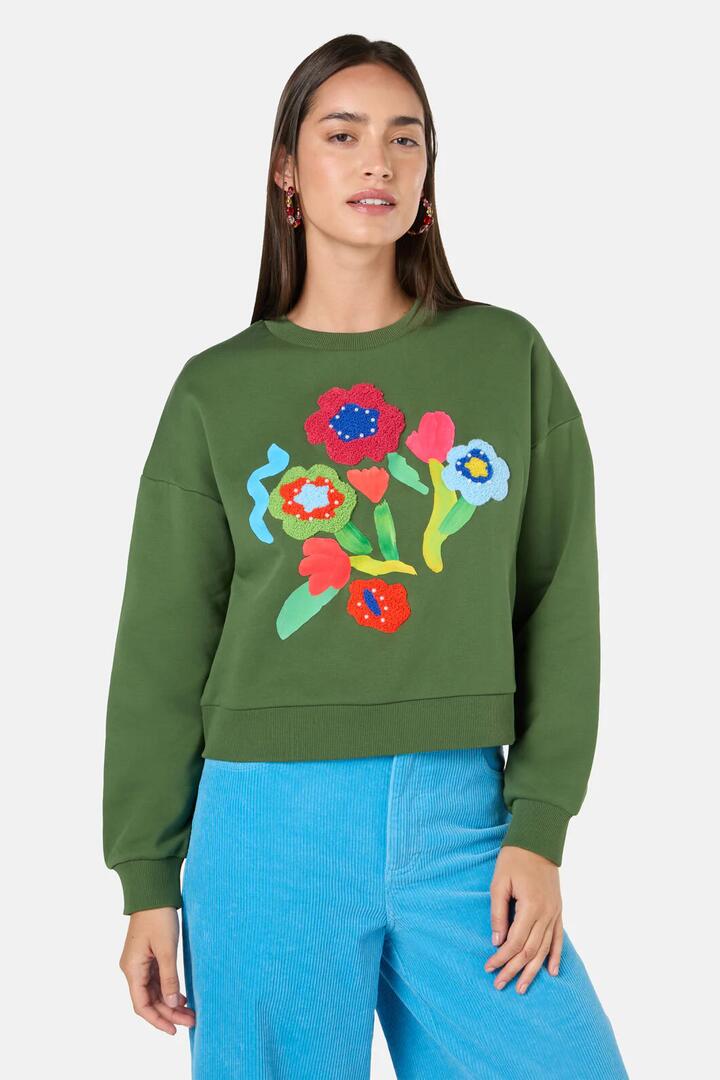 Image of a model wearing Outerwear. Productname: Expressionist Embroidered Sweater in Olive colour by brand - Gorman