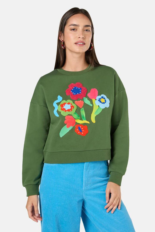 Image of a model wearing Outerwear. Productname: Expressionist Embroidered Sweater in Olive colour by brand - Gorman