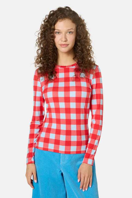 Image of a model wearing Tops. Productname: Gimme Gingham Long Sleeve Top in Check colour by brand - Gorman
