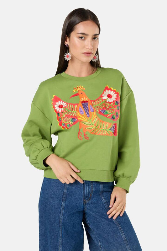 Image of a model wearing Outerwear. Productname: Blooming Bird Embroidered Sweater in Green colour by brand - Gorman