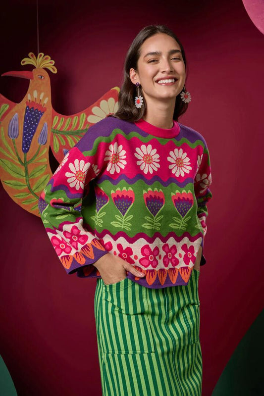 Image of a model wearing Outerwear. Productname: Blooming Stripe Cotton Jumper in Multi colour by brand - Gorman