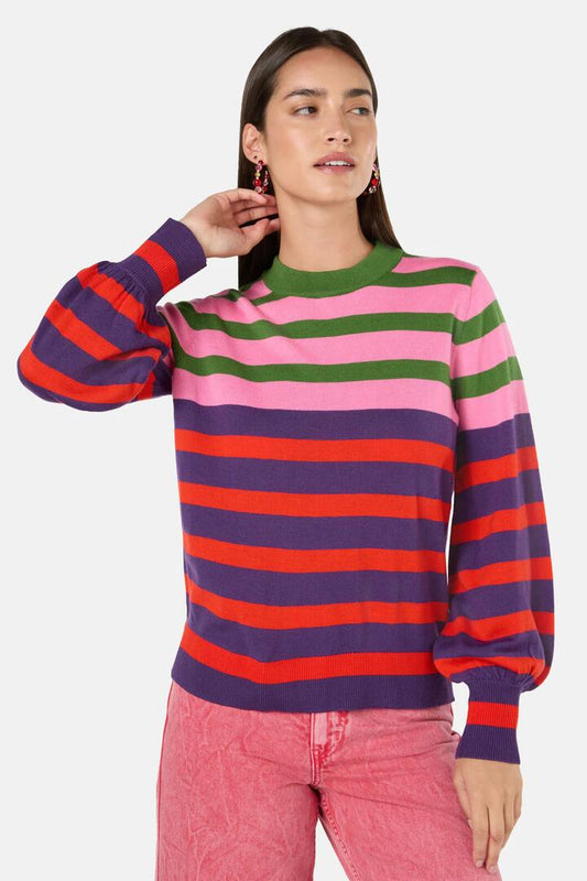 Image of a model wearing Outerwear. Productname: Garden Bed Stripe Jumper in Stripe colour by brand - Gorman