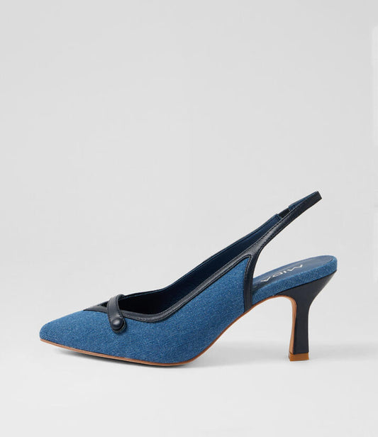 Image of Jeans. Productname: Lorient Ink Denim Navy Fabric Heels in Ink Denim-Navy colour by brand - MIDAS