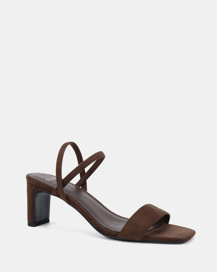 Image of Heels. Productname: Lasso: Espresso Suede - Women's Strappy - Low Heel in Espresso Suede colour by brand - Novo