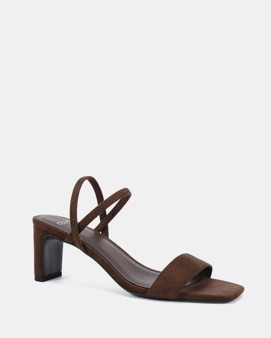 Image of Heels. Productname: Lasso: Espresso Suede - Women's Strappy - Low Heel in Espresso Suede colour by brand - Novo