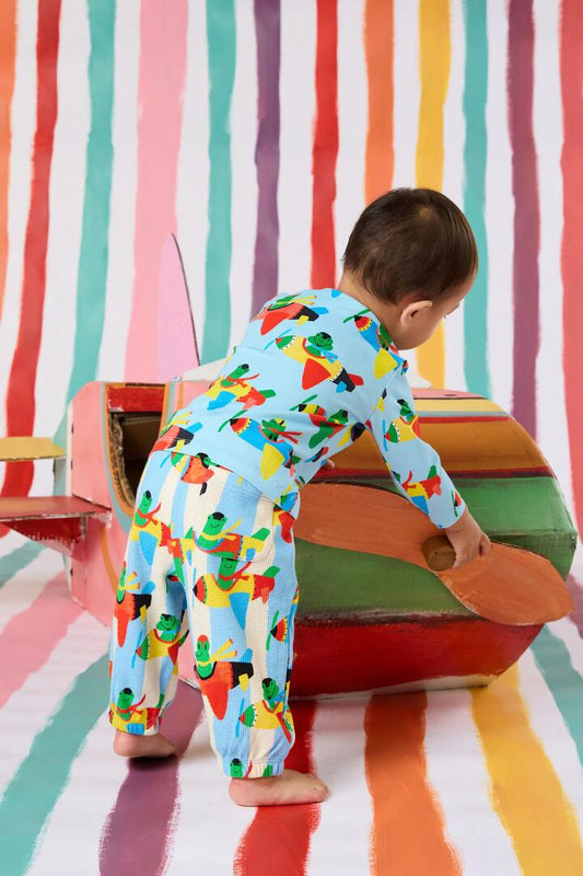 Image of a model wearing Pants. Productname: Flying Frogs Baby Track Pants in Stripe colour by brand - Gorman