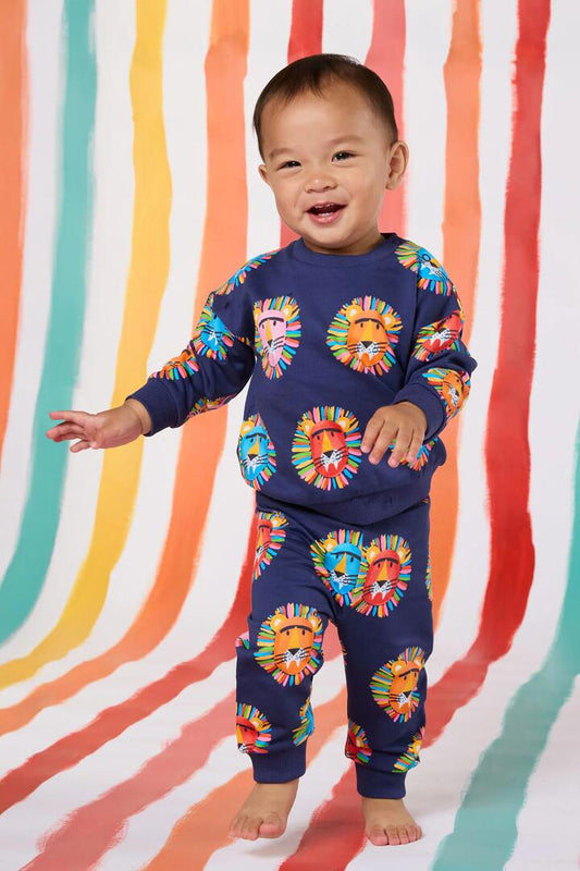 Image of a model wearing Outerwear. Productname: Lion Spot Baby Sweater in Navy colour by brand - Gorman