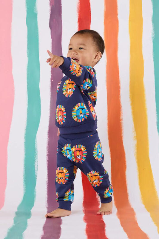 Image of a model wearing Pants. Productname: Lion Spot Baby Track Pant in Navy colour by brand - Gorman