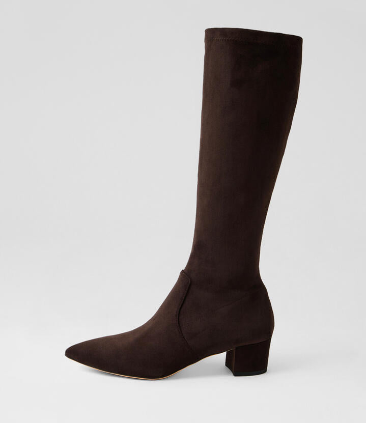 Image of Boots. Productname: Aiden Choc Microsuede Knee High Boots in Choc colour by brand - MIDAS