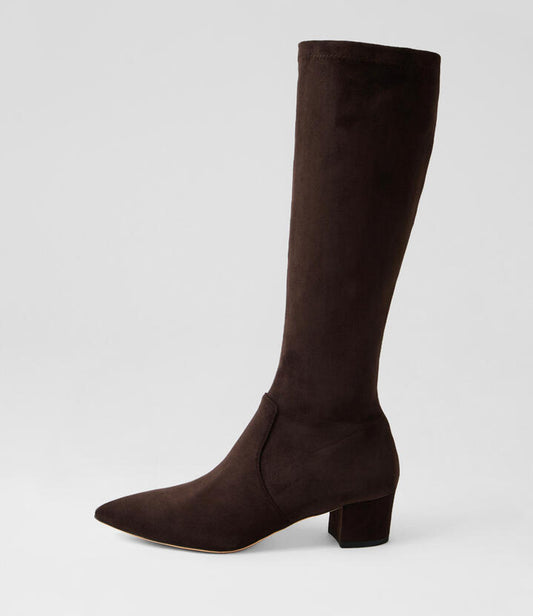 Image of Boots. Productname: Aiden Choc Microsuede Knee High Boots in Choc colour by brand - MIDAS