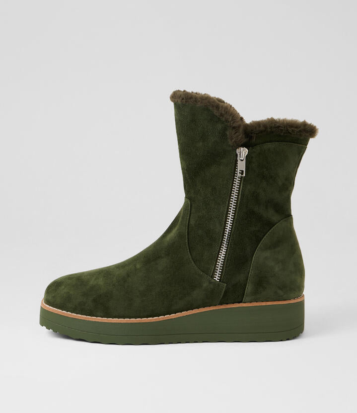 Image of Boots. Productname: Dabu Olive Suede Fur Ankle Boots in Olive-Olive colour by brand - MIDAS