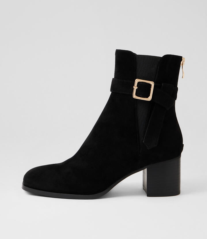 Image of Boots. Productname: Ziffer Black Suede Ankle Boots in Black-Black Heel colour by brand - MIDAS