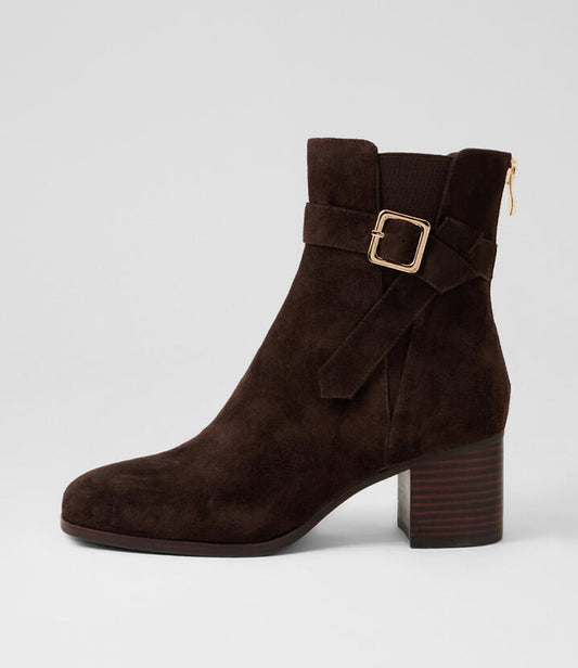 Image of Boots. Productname: Ziffer Choc Suede Ankle Boots in Choc-Choc Heel colour by brand - MIDAS