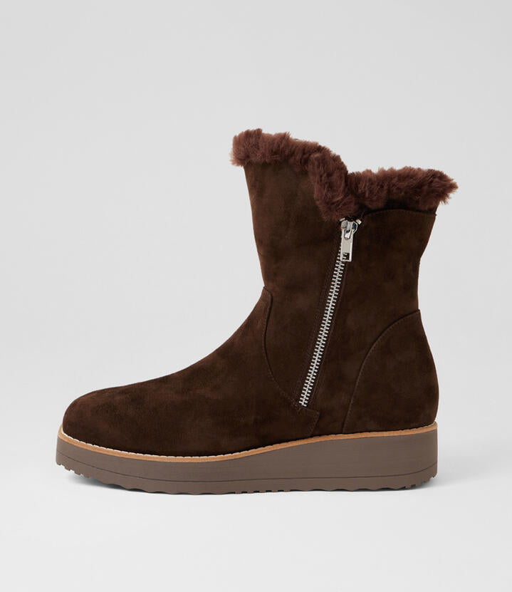 Image of Boots. Productname: Dabu Choc Suede Fur Ankle Boots in Choc-Choc colour by brand - MIDAS