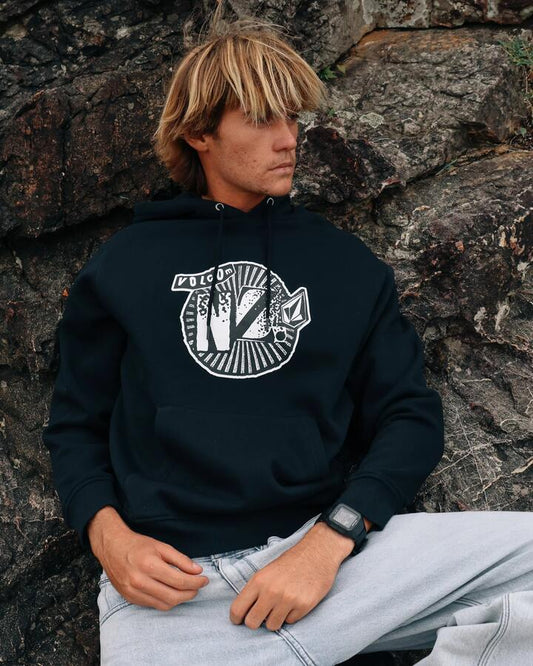 Image of a model wearing Outerwear. Product name - Volcom Mens Volnz Pullover Hoodie Black in Black colour by brand - Volcom
