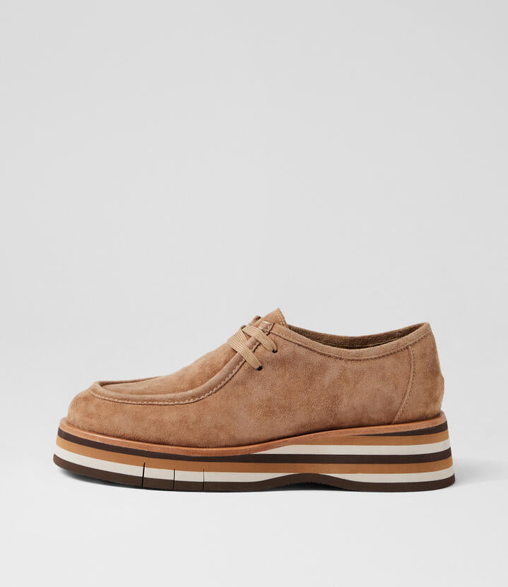Image of Flats. Productname: Gerlish Light Choc Tan Multi Suede Lace Up Flats in Lt Choc-Choc&Tan Multi colour by brand - MIDAS