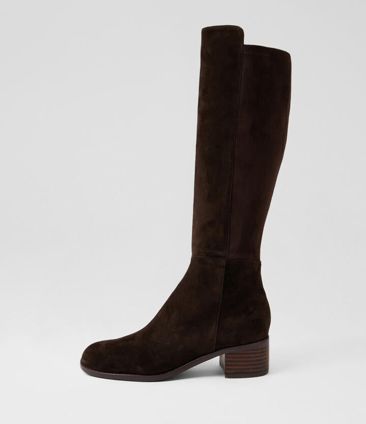 Image of Boots. Productname: Rush Choc Suede Knee High Boots in Choc colour by brand - MIDAS