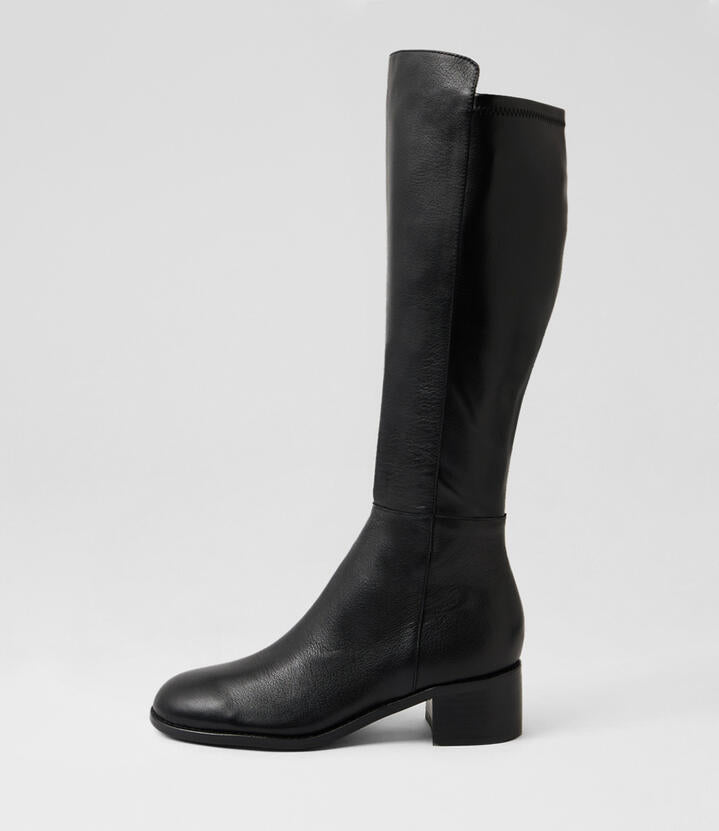 Image of Boots. Productname: Rush Black Leather Knee High Boots in Black-Black Heel colour by brand - MIDAS