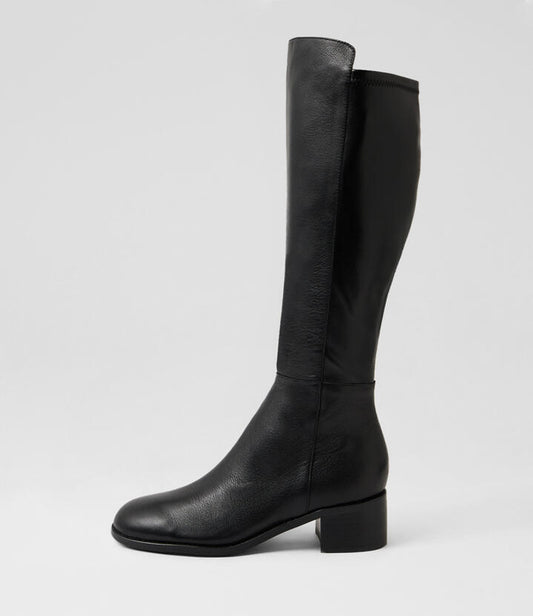 Image of Boots. Productname: Rush Black Leather Knee High Boots in Black-Black Heel colour by brand - MIDAS