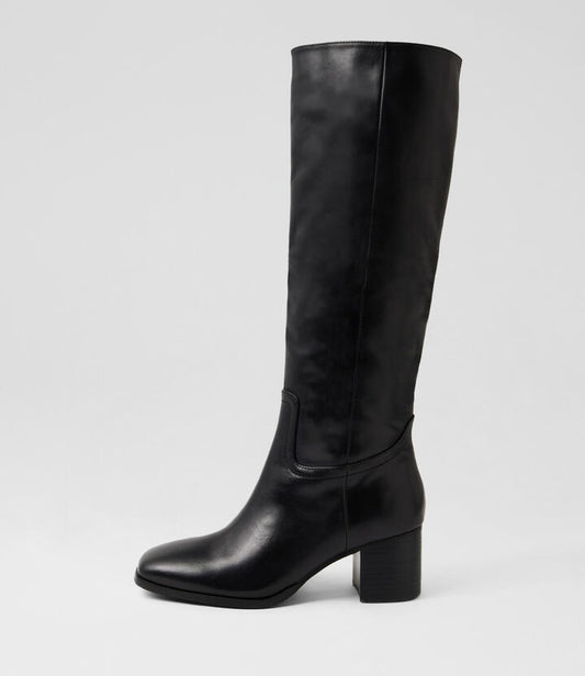 Image of Boots. Productname: Zucker Black Leather Knee High Boots in Black-Black Heel colour by brand - MIDAS