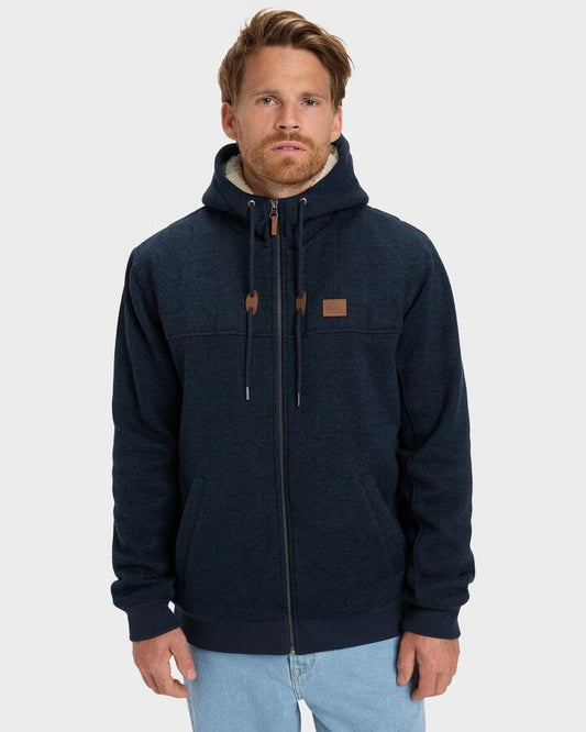 Image of a model wearing Outerwear. Productname: Quiksilver Mens Cypress Keller Zip Up Hoodie Dark Navy Heather - in Dark Navy Heather colour by brand - Quiksilver
