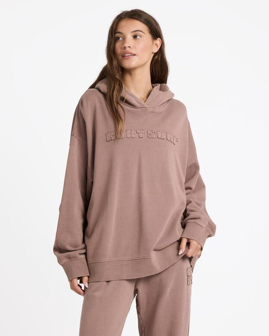 Image of a model wearing Outerwear. Productname: Roxy Womens Steppin Up Pullover Hoodie Mocha - in Mocha colour by brand - Roxy