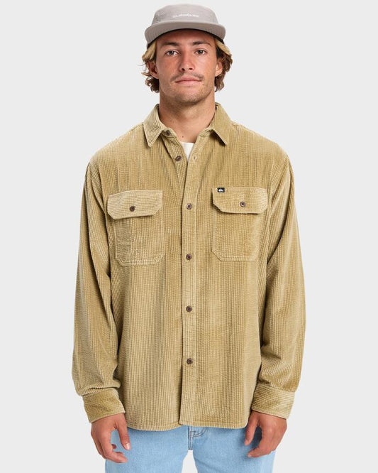 Image of a model wearing Tops. Productname: Quiksilver Mens Venturo Cord Long Sleeve Shirt Sponge - in Sponge colour by brand - Quiksilver