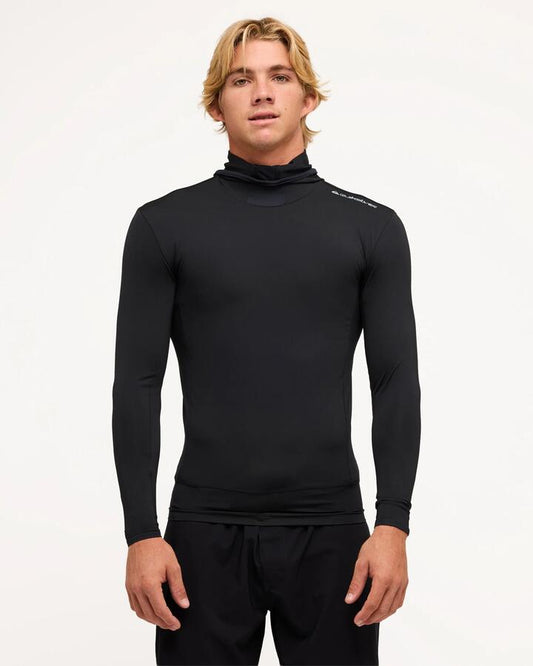 Image of a model wearing Tops. Productname: Quiksilver Mens Highline Hooded Long Sleeve Rash Vest Black - in Black colour by brand - Quiksilver
