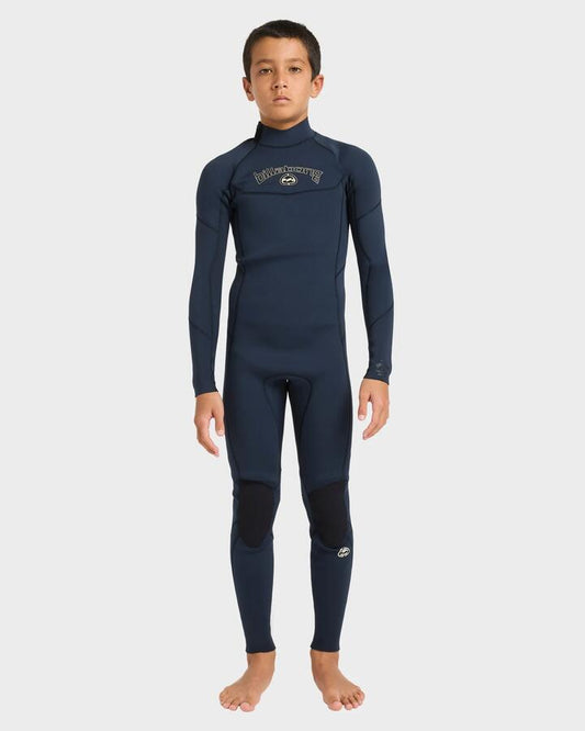 Image of a model wearing Tops. Product name - Billabong Boys 8-16 3/2Mm Absolute Back Zip Long Sleeve Fullsuit Navy in Navy colour by brand - Billabong