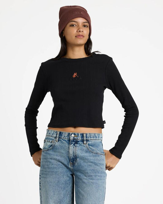 Image of a model wearing Tops. Productname: RVCA Womens Bailey Long Sleeve T-Shirt Rvca Black - in Rvca Black colour by brand - RVCA