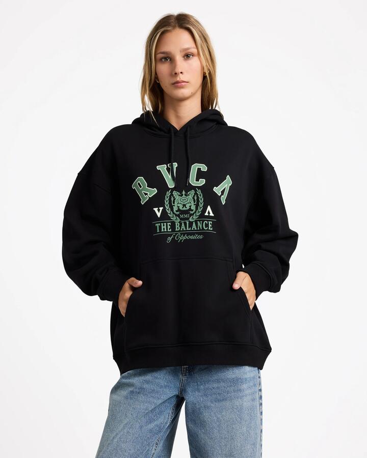 Image of a model wearing Outerwear. Productname: RVCA Womens Baggie Bf Pullover Hoodie Washed Black - in Washed Black colour by brand - RVCA