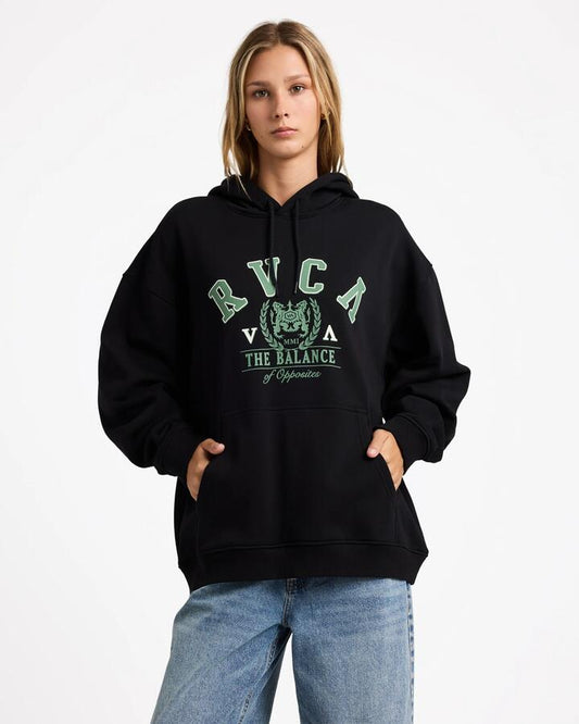 Image of a model wearing Outerwear. Productname: RVCA Womens Baggie Bf Pullover Hoodie Washed Black - in Washed Black colour by brand - RVCA