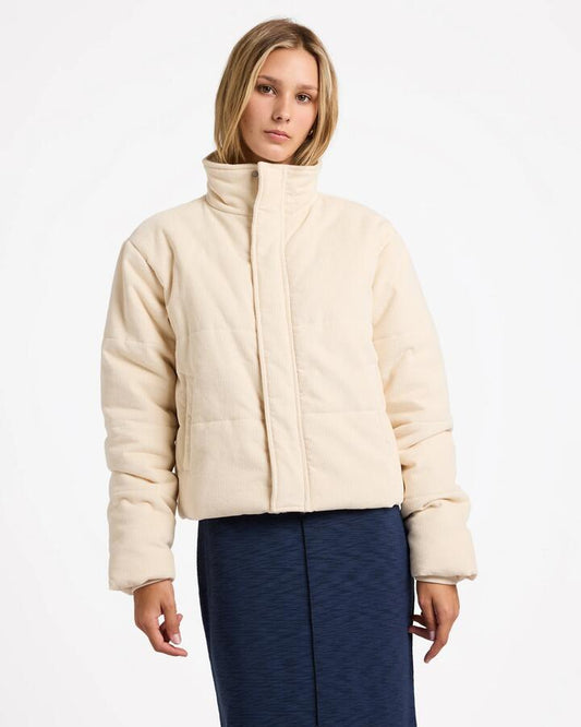 Image of a model wearing Outerwear. Productname: RVCA Womens Eezeh Puffer Jacket Natural - in Natural colour by brand - RVCA
