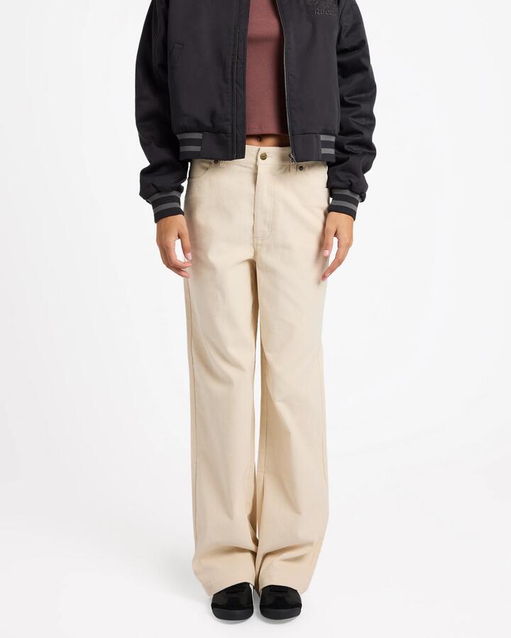Image of a model wearing Pants. Productname: RVCA Womens Underground Cord Pants Natural - in Natural colour by brand - RVCA