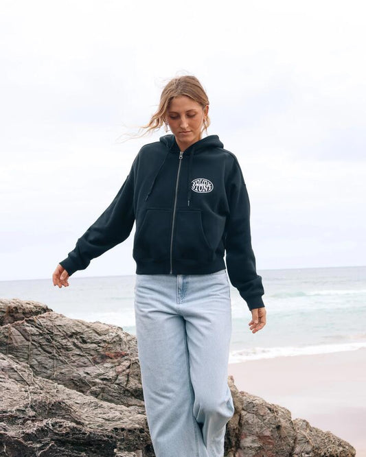 Image of a model wearing Outerwear. Productname: Volcom Womens Get Up Zip Up Hoodie Black - in Black colour by brand - Volcom