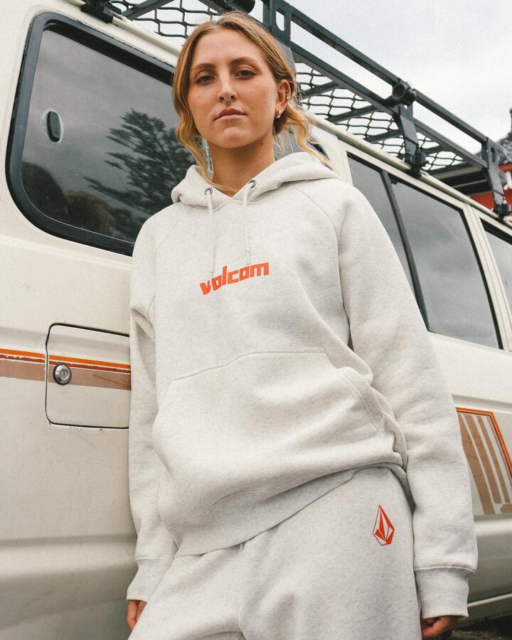 Image of a model wearing Outerwear. Productname: Volcom Womens Get More Pullover Hoodie Light Heather Grey - in Light Heather Grey colour by brand - Volcom