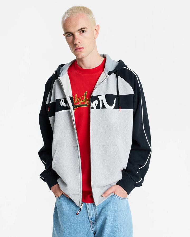 Image of a model wearing Outerwear. Productname: Quiksilver Mens Yg Operator Zip Up Hoodie Light Grey Heather - in Light Grey Heather colour by brand - Quiksilver