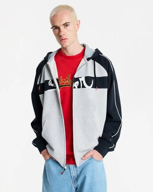 Image of a model wearing Outerwear. Productname: Quiksilver Mens Yg Operator Zip Up Hoodie Light Grey Heather - in Light Grey Heather colour by brand - Quiksilver