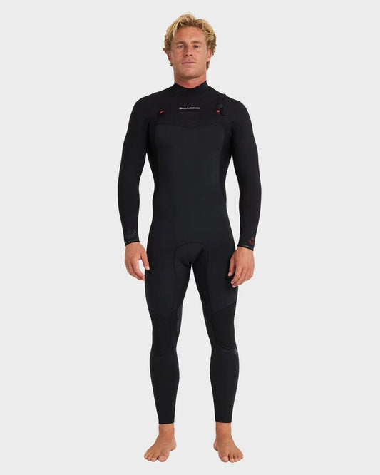 Image of a model wearing Tops. Productname: Billabong Mens 3/2Mm Revolution Chest Zip Long Sleeve Fullsuit Black Red - in Black Red colour by brand - Billabong