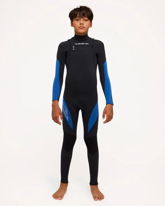 Image of a model wearing Tops. Productname: Quiksilver Boys 8-16 4/3 Mercury Chest Zip Wetsuit True Blue - in True Blue colour by brand - Quiksilver