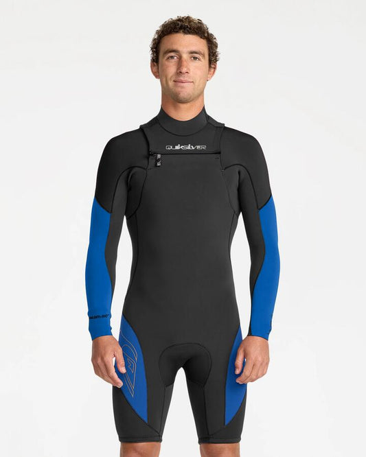 Image of a model wearing Tops. Productname: Quiksilver Mens 2/2 Mercury Spring Chest Zip Wetsuit True Blue - in True Blue colour by brand - Quiksilver