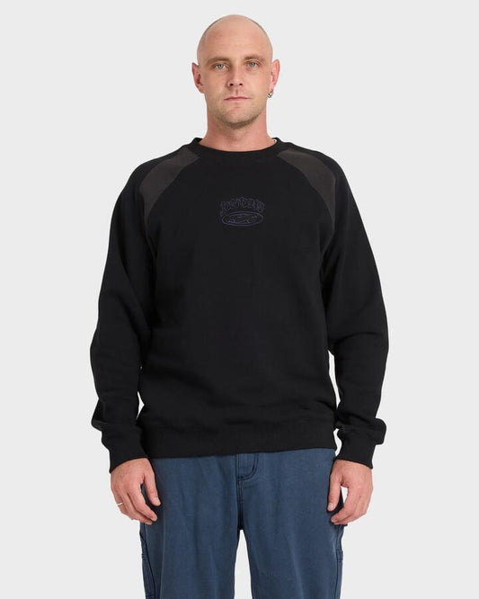 Image of a model wearing Outerwear. Productname: Billabong Mens Bad Dog Crew Neck Fleece Black - in Black colour by brand - Billabong