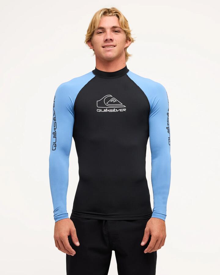 Image of a model wearing Tops. Productname: Quiksilver Mens On Tour Long Sleeve Rash Vest Riviera - in Riviera colour by brand - Quiksilver