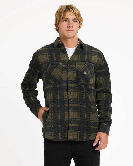 Image of a model wearing Tops. Productname: Quiksilver Mens North Sea Expedition Iii Long Sleeve Shirt Olive - in Olive colour by brand - Quiksilver