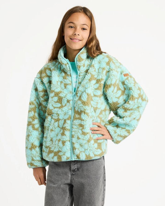Image of a model wearing Outerwear. Product name - Roxy Girls 4-16 Like Electricity Fleece Jacket Oil Green The Mo Mini Rg in Oil Green The Mo Mini Rg colour by brand - Roxy