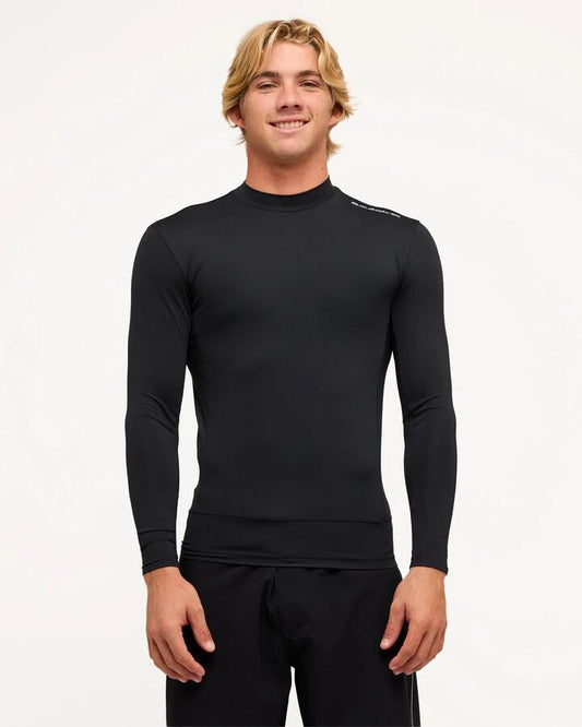 Image of a model wearing Tops. Productname: Quiksilver Mens Highline Long Sleeve Rash Vest Black - in Black colour by brand - Quiksilver