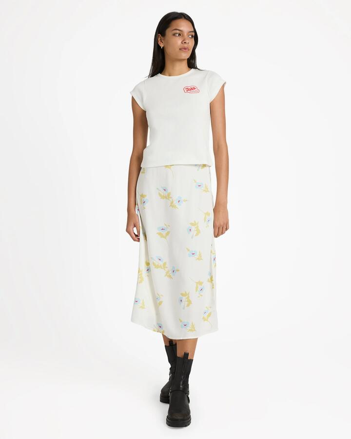 Image of a model wearing Skirts. Productname: RVCA Womens Annika Midi Skirt Cloud - in Cloud colour by brand - RVCA